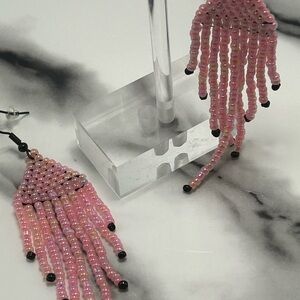 Pink Fringe Triangle Earrings